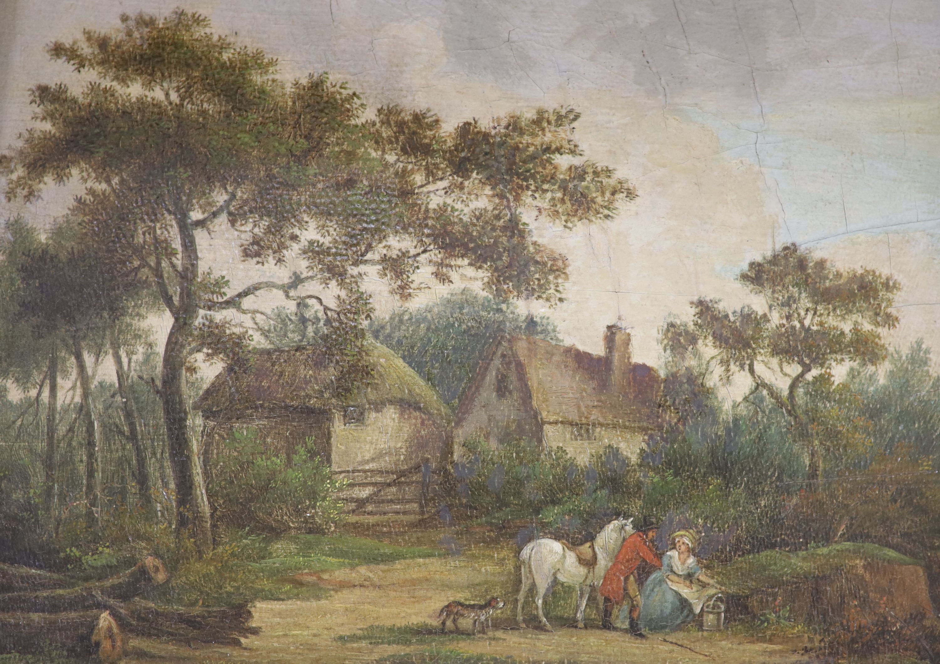 19th century Continental School, oil on wooden panel, Lovers in a landscape, 14 x 20cm and an oil of figures passing cottages, 18 x 13cm